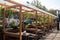 Row of Picnic Tables at an Outdoor Dining Setup at a Restaurant in the East Village of New York City