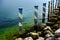 Row of piles, docks, transparent water