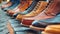 A row of polished mens business shoes lined up in perfect harmony, ready for action