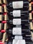 Row of Pomerol Bottles, Classified Growths bottles French wines display for sell in the supermarket shelves