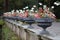 Row of potted colorful flowers on a bridge