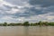 A row of rafts houses moored to the riverbank Sava near Belgrade.