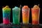 A row of rainbow colored ice creams are lined up on a black table