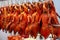 Row of red roasted duck hanging in chinese restaurant