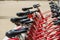 Row of red urban bicycles