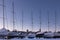 Row of sailboats docked at the Louise Basin marina seen during an early winter mornin