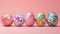 A row of seven vibrant, intricately decorated Easter eggs displayed on a textured surface