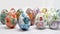 A row of seven vibrant, intricately decorated Easter eggs displayed on a textured surface