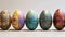 A row of seven vibrant, intricately decorated Easter eggs displayed on a textured surface