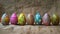 A row of seven vibrant, intricately decorated Easter eggs displayed on a textured surface