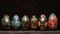 A row of seven vibrant, intricately decorated Easter eggs displayed on a textured surface