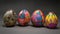 A row of seven vibrant, intricately decorated Easter eggs displayed on a textured surface