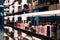 A row of shelves filled with lots of bottles. AI generative image.