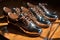 a row of shoes with shining reflections after polishing