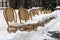 Row of Snow Covered Chairs at Bryant Park Grill Restaurant during the Winter in Midtown Manhattan of New York City