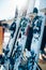 Row of snowboards closeup, winter extreme sport