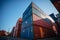 Row of stacked containers in a shipyard, showcasing the logistics transport sector