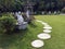 The row of Statue Chinese monk sit on the lawn.