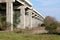 Row of strong large concrete road bridge support columns surrounded with uncut grass and trees