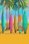 Row of surfboards on a tropical beach AI