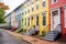 row of townhouses with colorful front doors, taken at street level