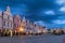 Row of traditional houses in the town of TelÄ, Czech Republic, at twilight.