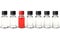 Row of transparent dropper bottles with one red exeption