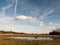 row of trees edge of farm field grass plain horizon blue sky wit