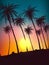 Row of tropic palm trees against sunset sky. Silhouette of tall palm trees. Tropic evening landscape. Gradient color. Vector illus