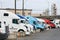 Row of truck tractors in downtown Seattle waiting for haulage duties