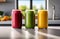 row of vibrant, healthy fruit and vegetable smoothies adorn the sleek table of a modern, well-lit kitchen