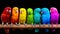 Row of vibrant parrots with a rainbow of feathers against a black background