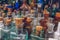 A row of vintage medicine bottles. Close up selective focus photo of old antique pharmacy glass vials and flasks