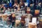 A row of vintage medicine bottles. Close up selective focus photo of old antique pharmacy glass vials and flasks