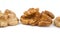 Row of walnuts without the shell are moving horizontally from one side of the frame to other. Isolated on the white