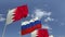 Row of waving flags of Bahrain and Russia, 3D rendering