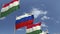 Row of waving flags of Hungary and Russia, 3D rendering