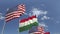Row of waving flags of Hungary and the USA, 3D rendering