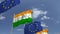 Row of waving flags of India and the European Union EU, loopable 3D animation