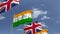 Row of waving flags of India and the United Kingdom, loopable 3D animation