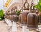 Row of Weathered Bronze Bells in Buddhism Temple, Thailand