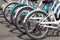 A row of white bicycles with wheels stand on the gray asphalt