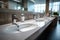 Row of white ceramic wash sinks and mirrors in modern restroom