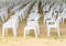 Row of white chairs plastic on lawn prepare business meeting