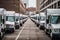 A row of white trucks parked in a parking lot. Generative AI image.