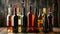 Row of Wine Bottles on Wooden Table