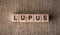 A row of wooden cubes with a word LUPUS on wooden background