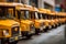 A row of yellow school buses parked on the side of the road. Generative AI image.