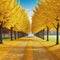 a row of yellow trees autumn panoramic drawing cartoon