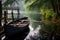 a rowboat docked near a wooden bridge